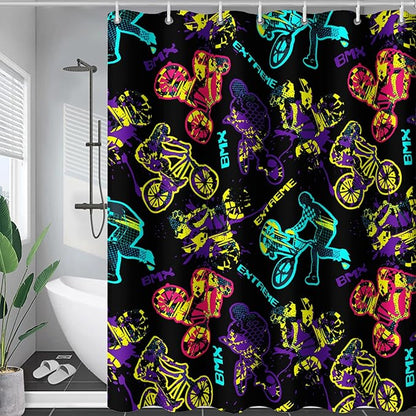 AILONEN Motocross Shower Curtain,Motorcycle Racer Bath Curtain,Extreme Sports Decoration,Colorful Graffiti Dirt Bike Shower Curtain for Kids Boys,Black Washable, 36" W x 72" H