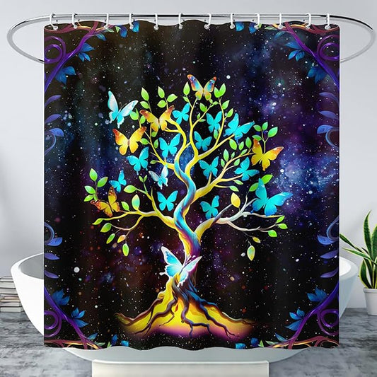 AILONEN Tree of Life Shower Curtain for Bathroom,Galaxy Starry Glowing Tree of Life Bath Curtain,Colorful Tree Shower Curtain Waterproof with 12 Plastic Hooks for Boys Girls Adults 72" W*78" H