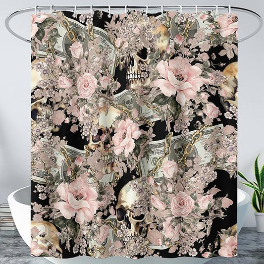 AILONEN Sugar Skull Shower Curtain for Bathroom,Romantic Rose Flower Bath Curtain for Girls Women,Money Skull Skeleton Print Waterproof Curtain with 12 Plastic Hooks, 36" W*72" H