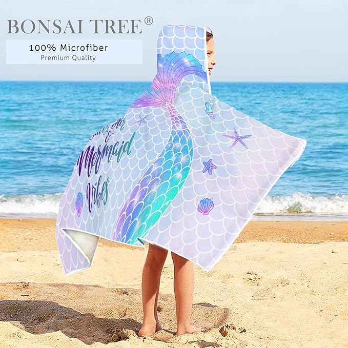 Mermaid Kids Hooded Beach Towel, Mermaid Tail Microfiber Hooded Poncho Towel for Girls 30”x50”, Mermaid Scales Pink Soft Absorbent Bath Towels Bathrobe with Hood for Swin Pool