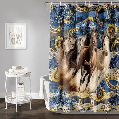 AILONEN Running Horse Shower Curtain for Kids,Blue Rose Sunflower Horse Bath Curtain for Bathroom Decor,Modern Curtain Polyester Waterproof with 12 Plastic Hooks 72" W*78" H