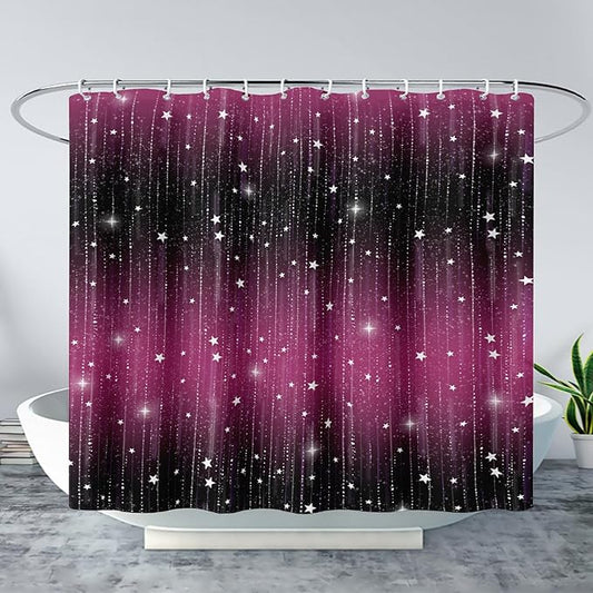 AILONEN White Starry Shower Curtain,Dreamy Starry Sky Bathroom Fabric Shower Curtain for Girls Boys Kids Teens, 72" W*84" H Black and Purple Theme Bathroom Decor