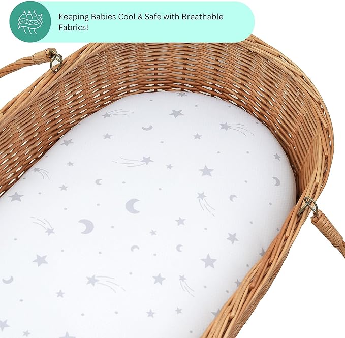 TansyPanda Bassinet Sheets for Munchkin Brica Pod, 4moms MamaRoo, Nordmiex, Beberoad Travel Bassinet, 3PC, 18 x 30 Inch, Ultra Soft, Breathable, Snug Fit, Unisex Boys and Girls (Moon, Stars, Clouds)