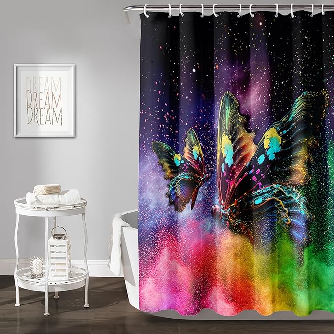 AILONEN Butterfly Shower Curtain for Bathroom, Rainbow Butterfly Bath Curtain,Modern 3D Printed Waterproof Tie Dye Shower Curtain with 12 Plastic Hooks (Kids/Girls/Women/Teen/) 72" W*78" H