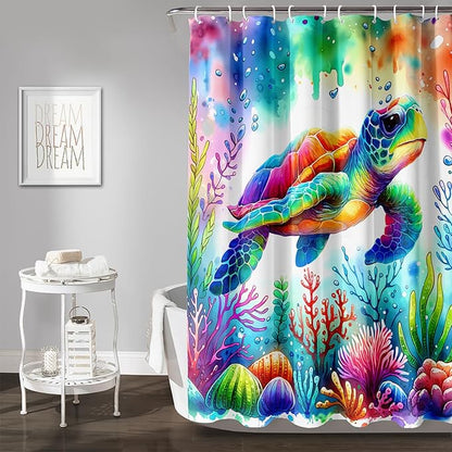 AILONEN Colorful Sea Turtle Shower Curtain, Cartoon Ocean Theme World Cloth Bath Curtain for Bathroom,Watercolor Underwater Waterproof Fabric Shower Curtain Set with Hooks,36" Wx72 H