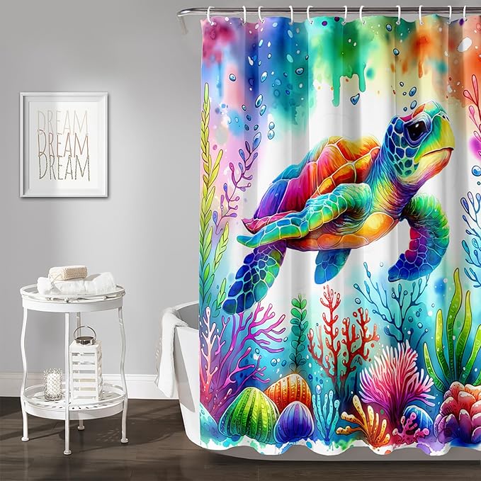 AILONEN Colorful Sea Turtle Shower Curtain, Cartoon Ocean Theme World Cloth Bath Curtain for Bathroom,Watercolor Underwater Waterproof Fabric Shower Curtain Set with Hooks,72" Wx78 H