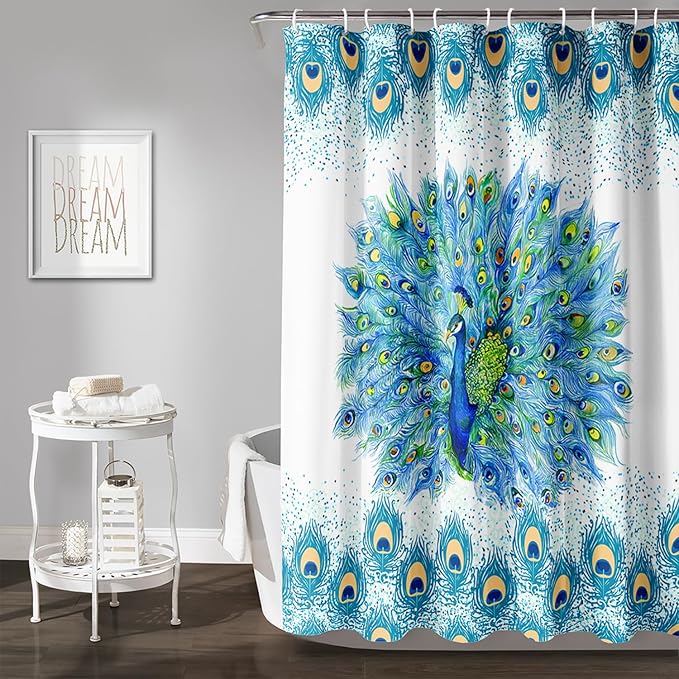AILONEN Peacock Shower Curtain for Girls,Beautiful Green Peacock Bath Curtain for Kids Women,Peacock Feather Print Waterproof Shower Curtain for Bathroom Decor with 12 Plastic Hooks, 60" W*72" H