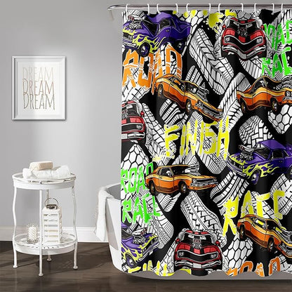 AILONEN Racing Car Shower Curtain for Bathroom Decor,Cool Racer Bath Curtain for Kids Boys Teens,Graffiti Printed Curtain Waterproof with 12 Plastic Hooks, 36" W x 72" H