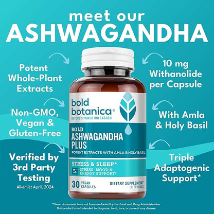 Ashwagandha Plus – Stress, Mood, Memory & Energy Support – Potent Extracts of Root and Leaf with Amla & Holy Basil – Triple Adaptogenic Formula – One Capsule Daily – 30 Vegan Caps