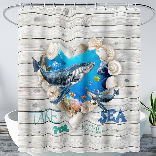 AILONEN 3D Printed Whale Shower Curtain, Ocean Sea Animal Wooden Style Bathroom Curtain,Shell Coast Whale Bath Curtain,60" W*72" H Polyester Waterproof Bathroom Curtain with 12 Hooks