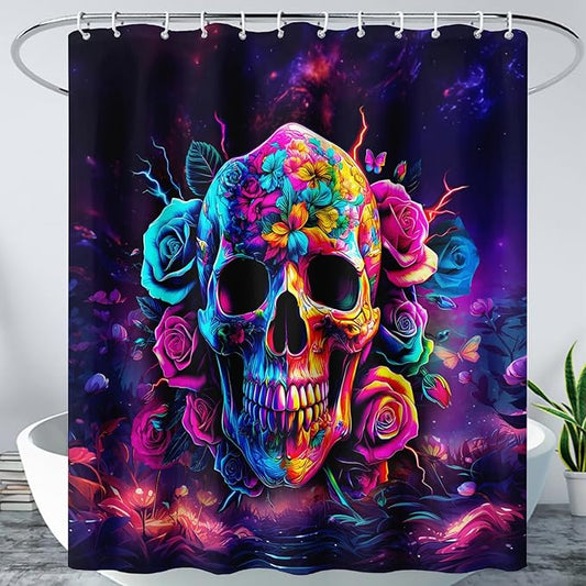 AILONEN Sugar Skull Shower Curtain for Bathroom,Romantic Rose Flower Skull Bath Curtain Decoration,Colorful Skeleton Print Waterproof Purple Curtain with 12 Plastic Hooks, 48" W*72" H