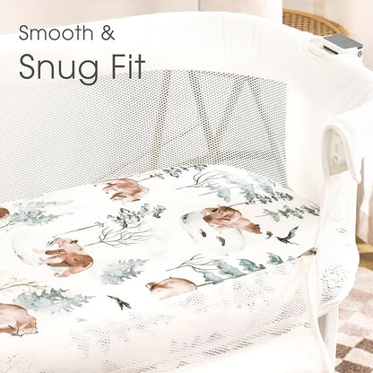 Stretchy Bassinet Mattress Sheets, Ultra Soft Bassinet Sheet 2 Pack, Universal Fitted for Oval Hourglass Rectangular Bassinet Mattress Pad Safe and Snug, Stylish Pattren of Bear and Wolf Print
