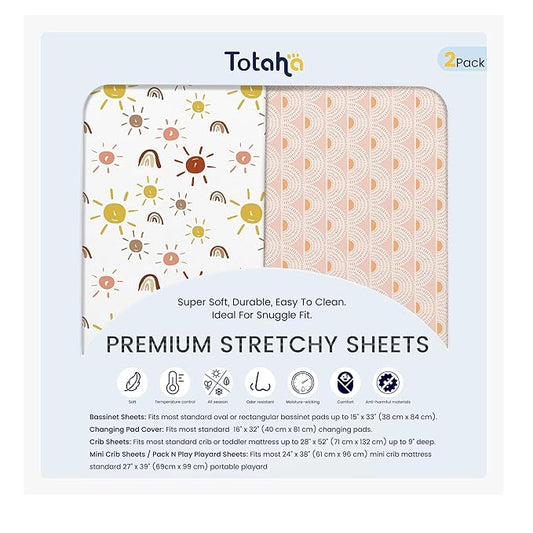 Bassinet Fitted Sheets Boho Rainbow for Baby Boys Girls, TotAha Premium Soft Cradle Sheets, Compatible with Halo, Mika Micky, Baby Delight, Dream On Me, 4moms, Maxi COSI, and Other Bassinet