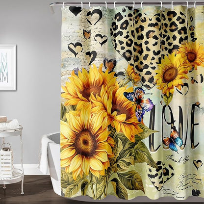 AILONEN Sunflower Waterproof Shower Curtain,Yellow Sunflower Bath Curtain for Girls Women,Romantic Hearts Butterfly Flower Bathroom Curtain with 12 Plastic Hooks, 72" W x 96" H