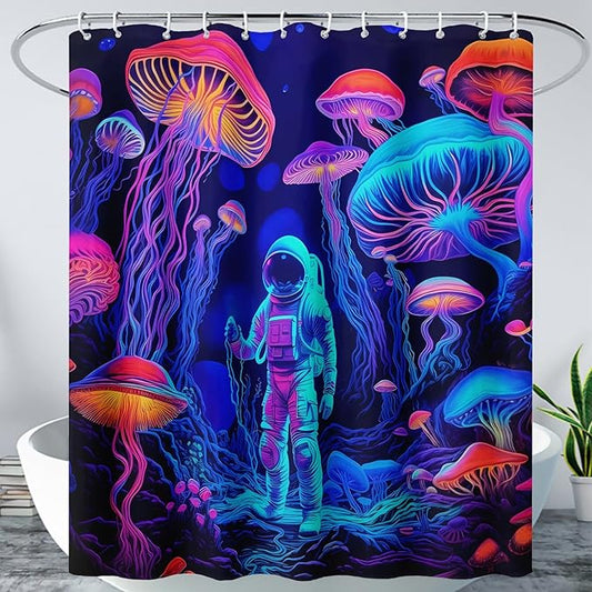 AILONEN Magic Mushroom Shower Curtain,Cartoon Astronaut Shower Curtain Set for Bathroom,Boho Style Jellyfish Waterproof Fabric Bath Curtain for Kids Girls Boys, 48" W*72" H