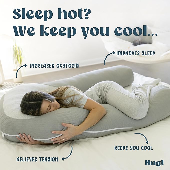 Plufl Hugl Standard Size Cooling Body Pillow for Adults U Shaped Maternity Pillow Great for Side Sleepers & Pregnant Women | Washable Cover | Grey
