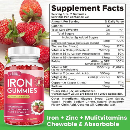 2 Pack Iron Gummies with Multivitamin, Iron Supplement for Women & Men with Zinc, Vitamin B Complex & C, B12, Folate - Blood Builder & Energy Support for Adults & Kids - Strawberry Flavor, Vegan 120ct