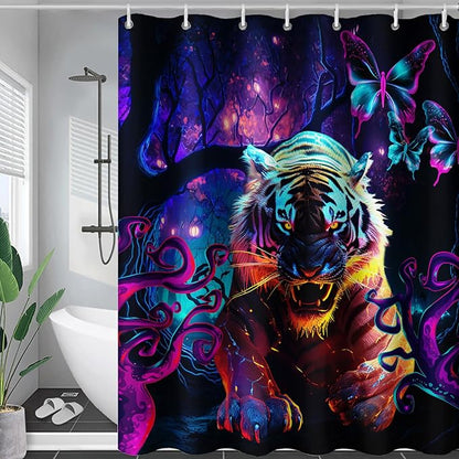 AILONEN 3D Tiger Shower Curtain for Bathroom,Purple Magic Forest Wildlife Printed Bath Curtain,Boys Roaring Tiger Decoration Shower Curtain Waterproof 72" W*96" H