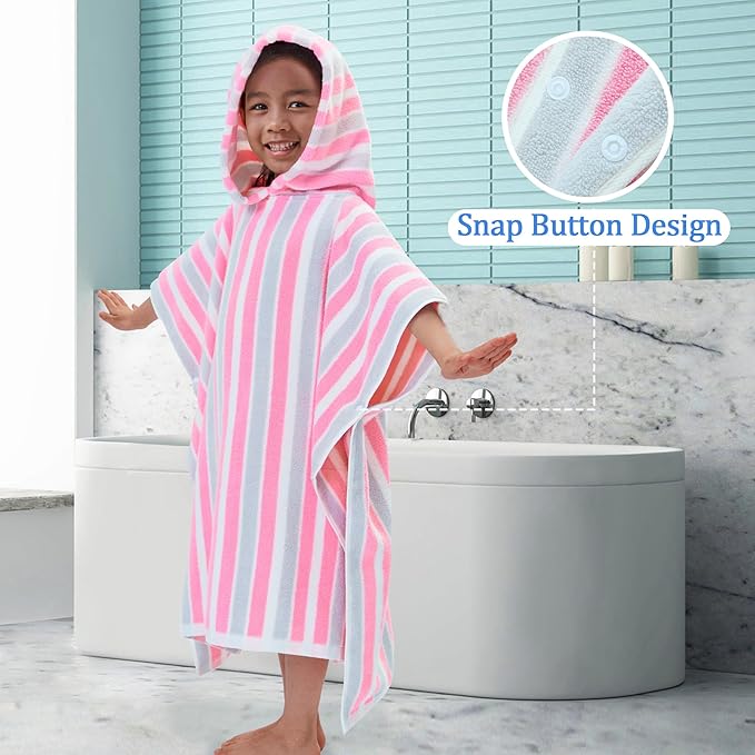 VOOVA & MOVAS Kids Poncho Towels - Soft 100% Cotton (4-8Years), Quick Dry Absorbent Light Weight Hooded Towel for Pool | Swim | Beach | Bath, Pink Gray Stripe