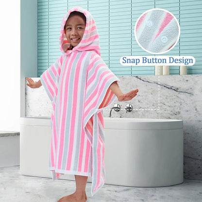 VOOVA & MOVAS Kids Poncho Towels - Soft 100% Cotton (4-8Years), Quick Dry Absorbent Light Weight Hooded Towel for Pool | Swim | Beach | Bath, Pink Gray Stripe
