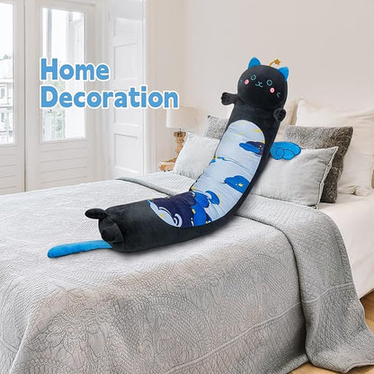 Long Cat Plush Kawaii Body Pillow, 53” Cute Black Cat Stuffed Animals Soft Plushies, Blue Star Kitten Big Plush Toys Throw Pillow Doll Gift for Girlfriend