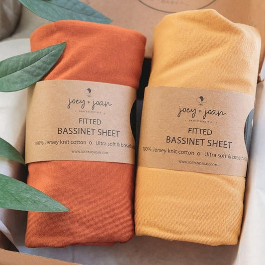 Bassinet Fitted Sheets for Chicco LullaGo Anywhere, Baby Bjorn Cradle and 14 x 29 Mattress Pad – Snuggly Soft 100% Jersey Cotton – Mustard Yellow + Burnt Orange – 2 Pack