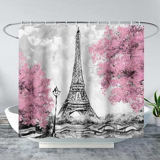 AILONEN Paris Tower Shower Curtain,Retro Gray Tower Waterproof Shower Curtain Set for Boys Kids Teens, 72" W*78" H Cherry Tree Eiffel Tower Pen Drawing Style Shower Curtains