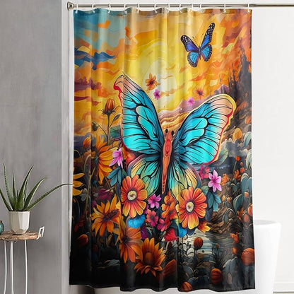 AILONEN Beautiful Butterfly Shower Curtain,Blue Butterfly with Sunflower Bath Curtain for Bathroom for Boys,Girls,Natural Plants Waterproof Fabric Shower Curtain Set with Hooks,48" W*72" H
