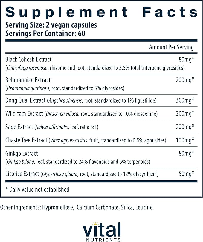 Vital Nutrients Menopause Support | Vegan Supplement for Women | Herbal Complex with Black Cohosh and Vitex Tree Berry for Hormone Balance Support* | Gluten, Dairy, Soy Free | 120 Capsules