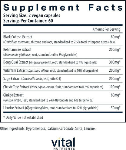 Vital Nutrients Menopause Support | Vegan Supplement for Women | Herbal Complex with Black Cohosh and Vitex Tree Berry for Hormone Balance Support* | Gluten, Dairy, Soy Free | 120 Capsules