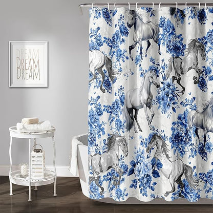 AILONEN Blue Floral Horse Shower Curtain,Farm Animal Printed Galloping Horse Bath Curtain,Minimalist Flower Girls Women Bathroom Curtain Decor, 60" W x 72" H