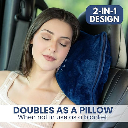 Resty Travel Blanket - Compact Airplane Blanket with Bag - Small and Lightweight Traveling Blanket & Pillow - Portable Blankets with Carabiner for Easy Transport - Plane Train Car (Navy Blue)