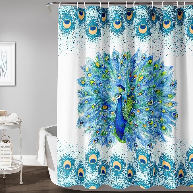 AILONEN Peacock Shower Curtain for Girls,Beautiful Green Peacock Bath Curtain for Kids Women,Peacock Feather Print Waterproof Shower Curtain for Bathroom Decor with 12 Plastic Hooks, 60" W*72" H