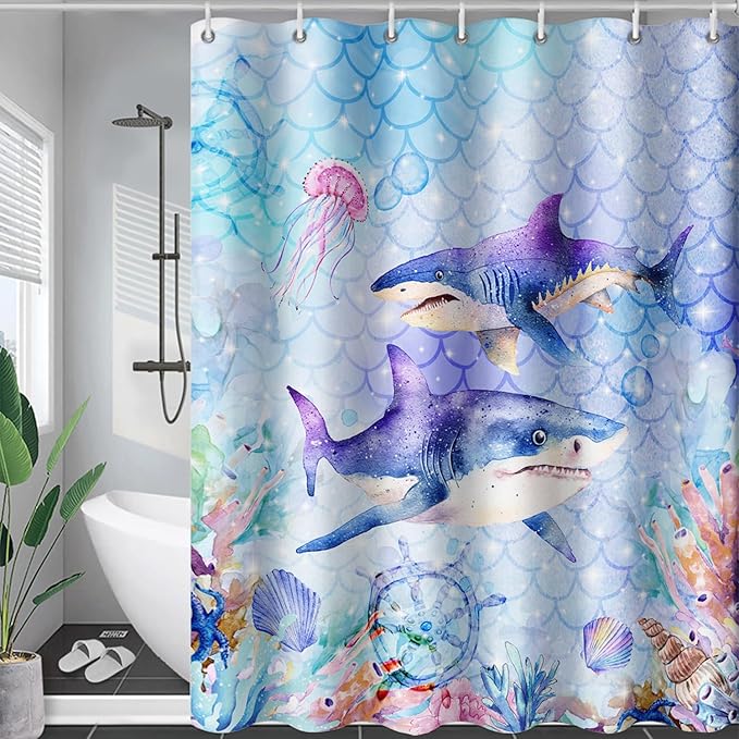 AILONEN Cartoon Shark Shower Curtain for Kids Boys Girls,Blue Ocean Coral Shell Fish Scale Coast Bathroom Curtain, 72" W*84" H Bath Curtain Polyester Waterproof Shower Curtain with 12 Hooks