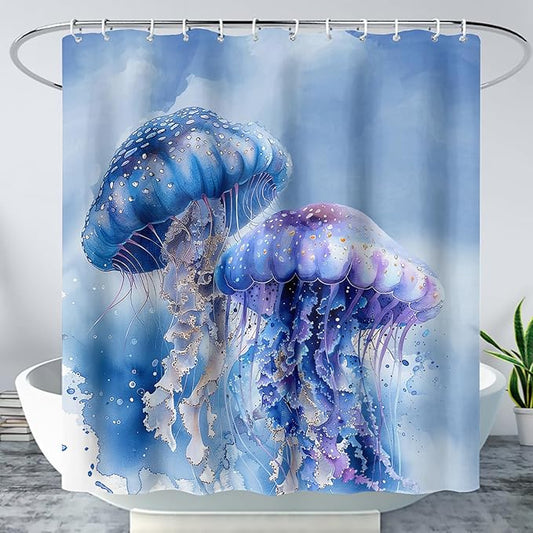 AILONEN 3D Jellyfish Shower Curtain,Beautiful Jellyfish Shower Curtain for Bathroom,Watercolor Blue Ocean Waterproof Fabric Shower Curtain Set with Hooks,72" W*72" H