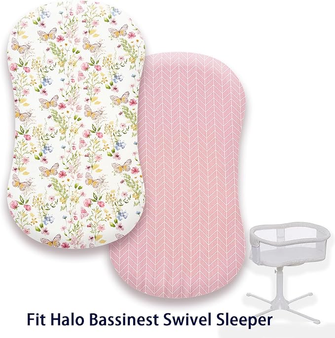 Premium Cotton Bassinet Sheets, Fit for Halo Bassinest Swivel Sleeper, 2 Pack Hourglass Bassinet Mattress Sheet Set for Baby Girls, Soft Breathable Safe, Butterfly and Floral