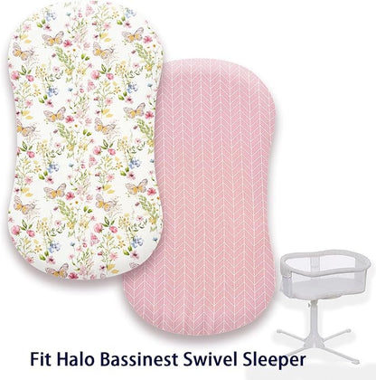 Premium Cotton Bassinet Sheets, Fit for Halo Bassinest Swivel Sleeper, 2 Pack Hourglass Bassinet Mattress Sheet Set for Baby Girls, Soft Breathable Safe, Butterfly and Floral