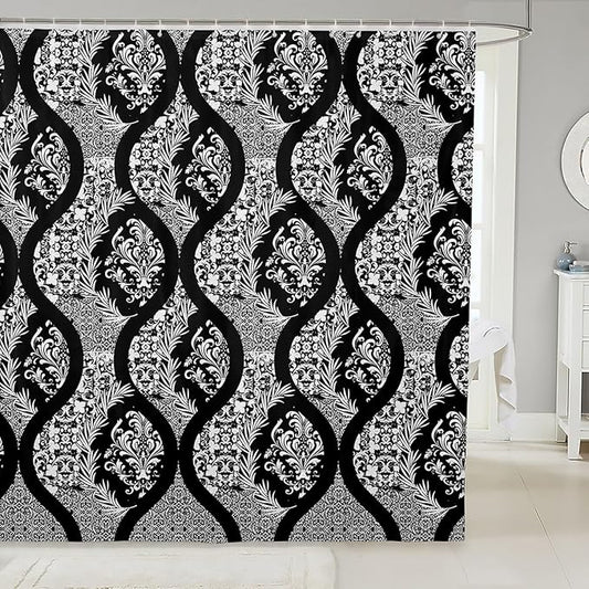 Feelyou Damask Pattern Shower Curtain 72"x84" Kids White Vintage Floral Bathroom Shower Curtain Set for Boys Girls Teens Black Geometric Stripe Bath Curtain Baroque Style Bathroom Accessories
