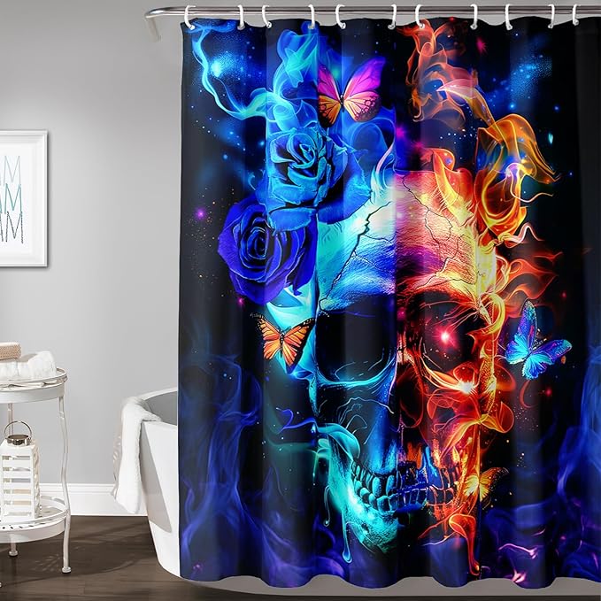 AILONEN Sugar Skull Shower Curtain,Blue Rose Flower Skull Bath Curtain,3D Printed Fire Skull Waterproof Curtain,Galaxy Butterfly Shower Curtain for Bathroom 60" W x 72" H