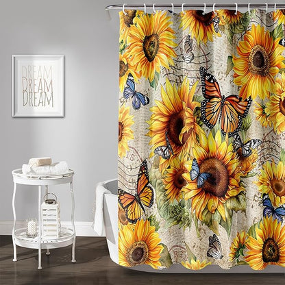AILONEN Girls Sunflower Shower Curtain,Butterfly Sunflower Bath Curtain for Kids Women,Vintage Yellow Flower Decor Bathroom Curtain with 12 Plastic Hooks, 72" W x 84" H