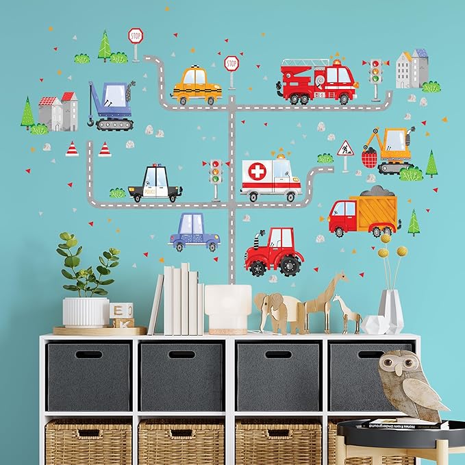 Car Wall Decals for Kids by Lipastick - Transports Wall Stickers Peel and Stick Truck Stickers - Wall Decals for Boys Kids Baby Room - Construction Cars City Wall Decor Removable S Size