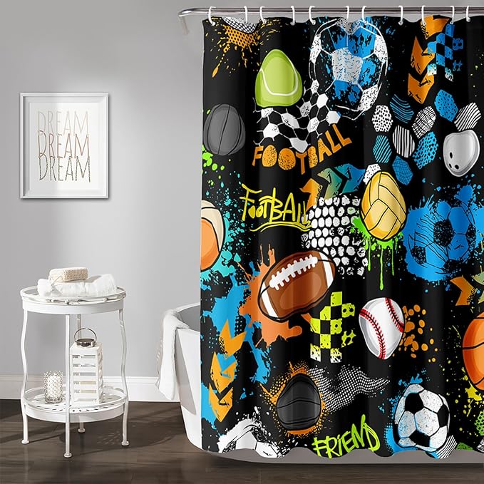 AILONEN Graffiti Sport Shower Curtain,Boys Graffiti Basketball Football Baseball Rugby Sport Bath Curtain Minimalist Bathroom Curtain 72" W*72" H Polyester Waterproof Bathroom Curtain with 12 Hooks