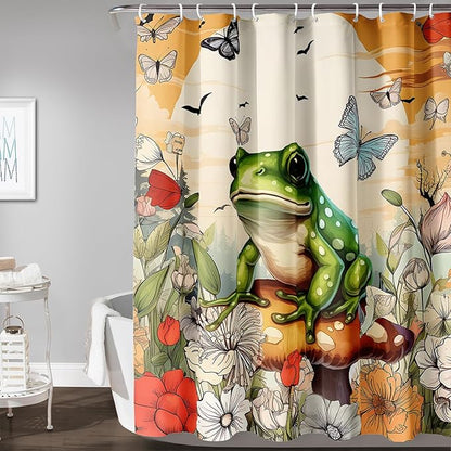 AILONEN Cartoon Frog Waterproof Shower Curtain,Nature Plant Fungus Flower Frog Bath Curtain,Fantasy Sunset Abstract Yellow Bathroom Curtain Decor 72" W x 96" H