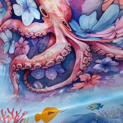 AILONEN Sea Octopuses Shower Curtain Set, Cartoon Octopus with Flowers Waterproof Fabric Shower Curtain,Watercolor Blue Ocean World Cloth Bath Curtain for Bathroom Decor with Hooks,72" Wx72 H
