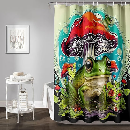 AILONEN Frog Mushroom Shower Curtain,Green Frog Waterproof Fabric Bath Curtain for Kids Girls Boys,Cartoon Animal Wildlife Red Mushroom Shower Curtain Set for Bathroom with Hooks,48" W*72" H