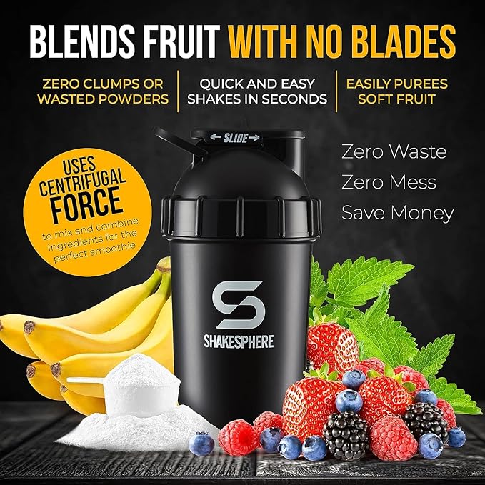 SHAKESPHERE Tumbler: Protein Shaker Bottle and Smoothie Cup, 24 oz - Bladeless Blender Cup Purees Raw Fruit with No Blending Ball - Drink Powder Mix Shake Mixer for Pre Workout, Gym (Matte Black)