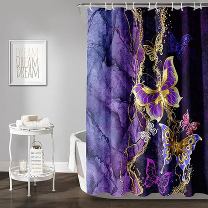 AILONEN Beautiful Butterfly Shower Curtain Bathroom 60" W*72" H Purple Butterfly Curtain Cloth Fabric Bathroom for Girls Kids,Marble Theme Shower Curtain Set