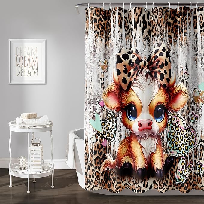 AILONEN Cartoon Yak Shower Curtain Set, Kids Leopard Print Love Yak Waterproof Fabric Shower Curtain for Bathroom Decor,Bow Tie Yak Cloth Bath Curtain Set with Plastic Hooks,48" Wx72 H