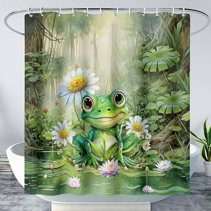 AILONEN Cartoon Frog Shower Curtain,Green Frog with Daisy Bath Curtain Set for Kids Boys Girls,Tropical Amphibian Waterproof Fabric Shower Curtain,Nature Shower Curtain for Bathroom,72" W*72" H