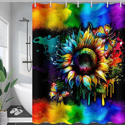 AILONEN Sunflower Shower Curtain, Watercolor Flower Rainbow Decoration,Polyester Fabric,Waterproof with 12 Plastic Hooks Shower Curtains Washable, 72" W x 84" H